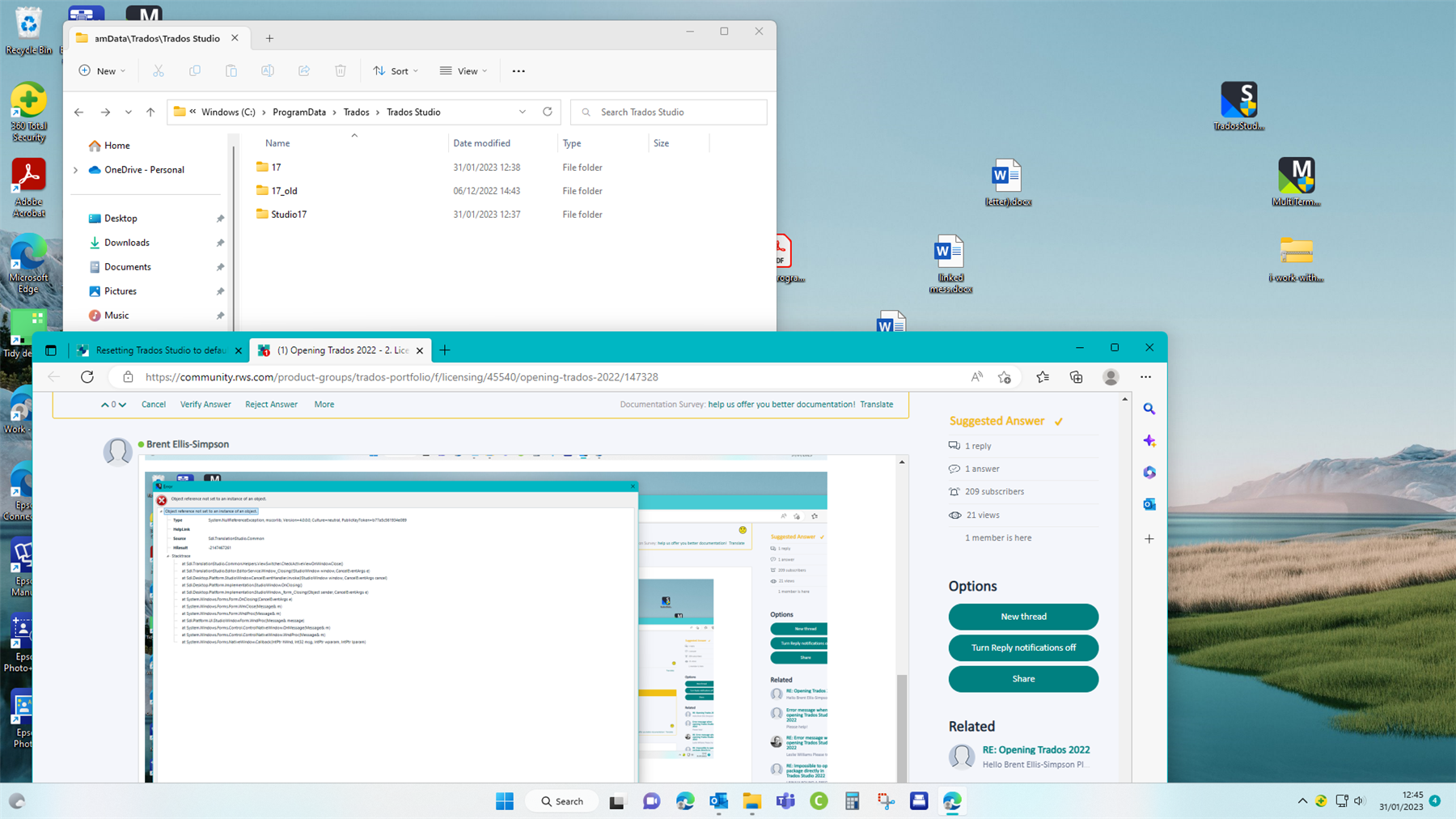 File Explorer window showing Trados Studio folder with a renamed '17_old' folder and a new 'Studio17' folder, alongside a Trados community webpage.