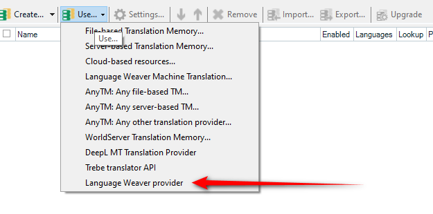 Trados Studio screenshot showing a list of translation memory options with a red arrow pointing to 'Language Weaver provider'.