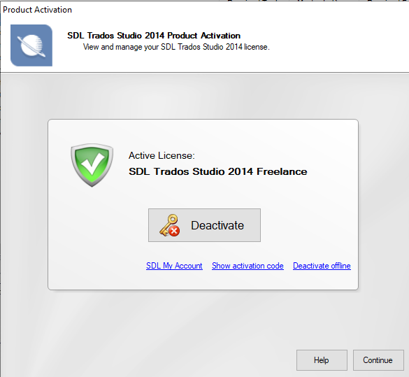 SDL Trados Studio 2014 Product Activation window showing an active license for SDL Trados Studio 2014 Freelance with a deactivate button.