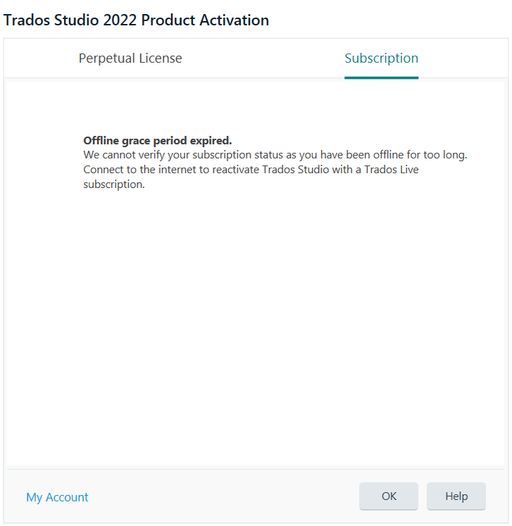 Trados Studio 2022 Product Activation window showing an error message: 'Offline grace period expired. We cannot verify your subscription status as you have been offline for too long. Connect to the internet to reactivate Trados Studio with a Trados Live subscription.' There are tabs for 'Perpetual License' and 'Subscription'.