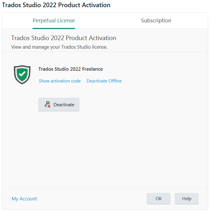 Trados Studio 2022 Product Activation window with a green checkmark indicating a successful activation of 'Trados Studio 2022 Freelance'. Options to 'Show activation code' and 'Deactivate Offline' are visible. A 'Deactivate' button is also present.