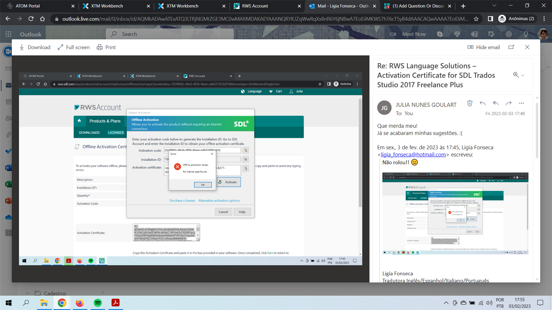 Screenshot of an error during SDL Trados Studio 2017 offline activation, showing a dialog box with the message 'Offline activation failed. No license type found.'