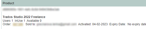 Screenshot of Trados Studio 2022 Freelance product activation details showing 1 user, 1 use, 0 available, activated on 04-02-2023 with no expiry date.