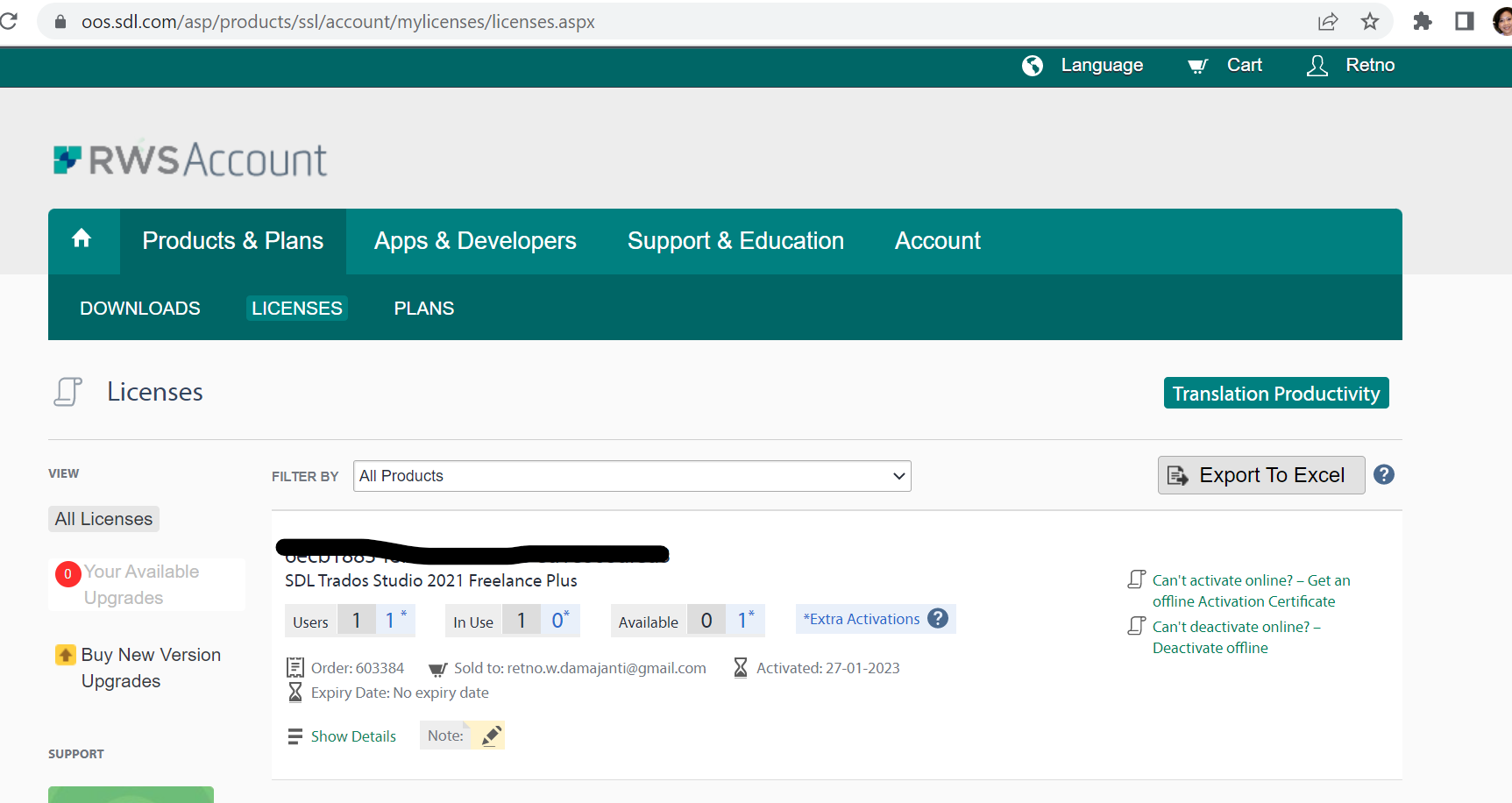 RWS Account Licenses page showing SDL Trados Studio 2021 Freelance Plus with 1 user, 1 in use, 0 available, and 0 extra activations. Note icon and 'Can't deactivate online?' link visible.