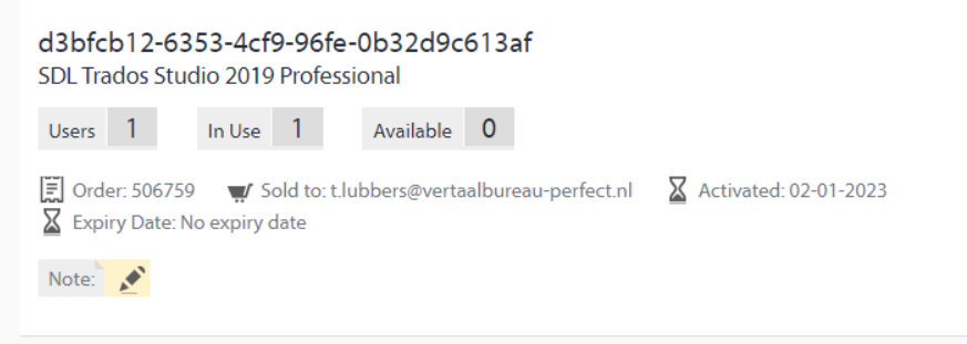 Screenshot of Trados Studio 2019 Professional license details showing 1 user, 1 in use, 0 available, order number 506759, sold to email, no expiry date, and activated on 02-01-2023.