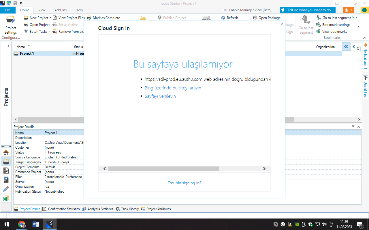 Trados Studio error message in Turkish saying 'This page cannot be reached' with suggestions to check the web address, search on Bing, or refresh the page.