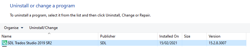 Windows 'Uninstall or change a program' screen showing SDL Trados Studio 2019 SR2 selected for uninstallation, installed on 15022021, version 15.2.8.3007.