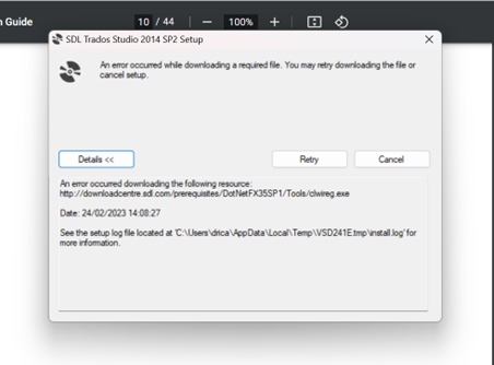 SDL Trados Studio 2014 SP2 Setup popup error message stating 'An error occurred while downloading a required file. You may retry downloading the file or cancel setup.' with options to view details, retry, or cancel.