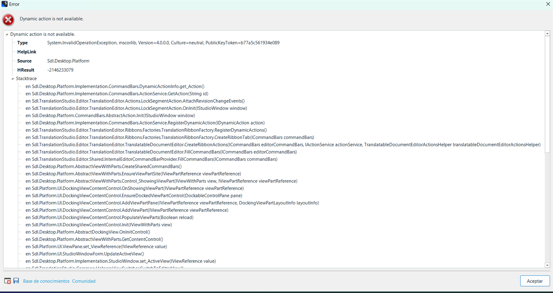 Screenshot of an error dialog in Trados Studio 2022 displaying a message 'Dynamic action is not available.' followed by exception details including type System.InvalidOperationException and a stack trace with various method calls.