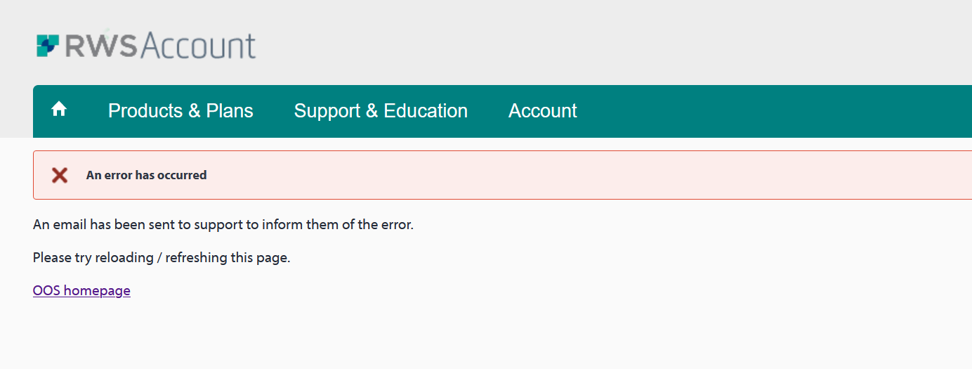 Screenshot of Trados Studio error message stating 'An error has occurred' with instructions to reload the page and a notification that an email has been sent to support.