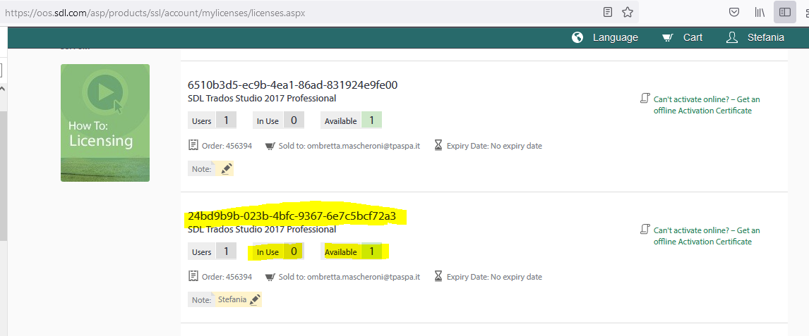 Screenshot of SDL Trados Studio 2017 Professional license status showing one user, zero in use, and one available with license ID xxxxxxxx-xxxx-xxxx-xxxx-xxxxxxxxxxxx.