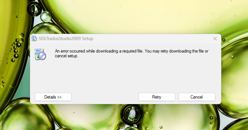 SDL Trados Studio 2009 Setup window with an error message stating 'An error occurred while downloading a required file. You may retry downloading the file or cancel setup.' with options to view details, retry, or cancel.