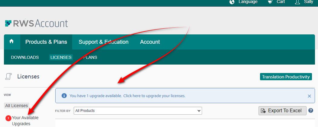 RWS Account webpage with a notification stating 'You have 1 upgrade available. Click here to upgrade your licenses.' Red arrows point to 'Licenses' tab and 'Your Available Upgrades' section.