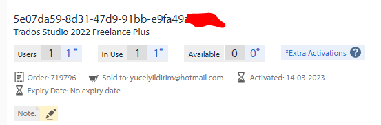 Trados Studio 2022 Freelance Plus activation screen showing 1 user license in use, 0 available, and 0 extra activations. Order number and email address displayed with a note icon and no expiry date for the license.