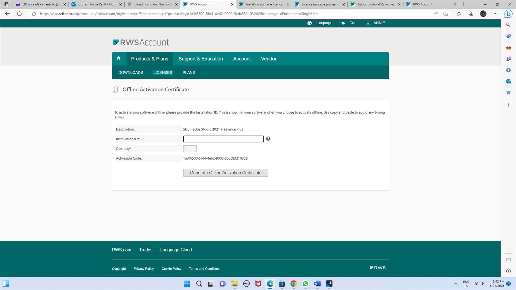 RWS Account page for Offline Activation Certificate with fields for Description, Installation ID, Quantity, and Activation Code. Description reads 'SDL Trados Studio 2021 Freelance Plus'. Activation Code is filled with a string of characters.