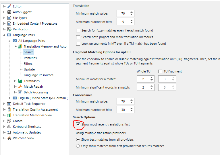 Trados Studio settings showing Translation Memory and AutoSearch options with 'Show most recent translations first' checked.