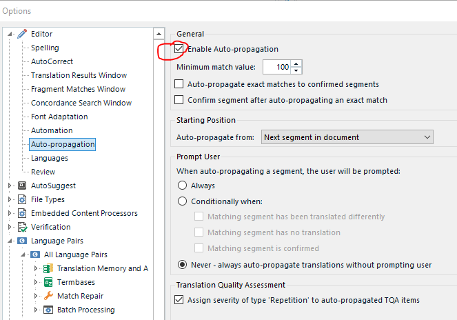 Trados Studio options with 'Enable Auto-propagation' checked and minimum match value set to 100.