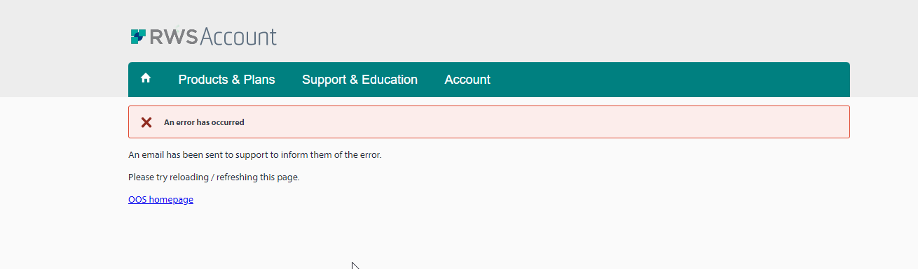 Screenshot of RWS Account error message stating 'An error has occurred' with instructions to reload the page and a link to the RWS homepage.