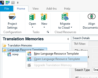 Trados Studio interface showing Translation Memories section with Language Resource Templates expanded and New Language Resource Template option selected.