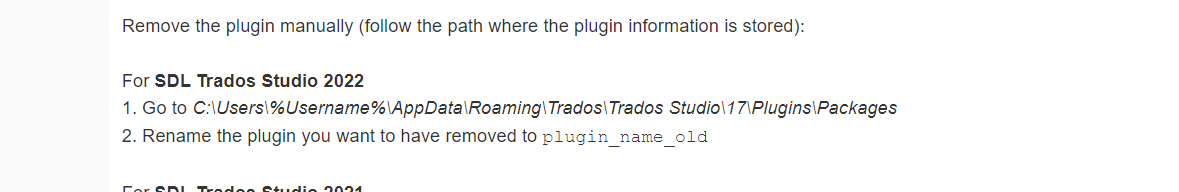 Instructions for removing a plugin manually in SDL Trados Studio 2022, including navigating to the PluginsPackages directory and renaming the plugin.