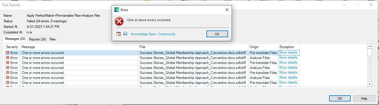 Error dialog box titled 'Error' with a red cross icon, displaying the message 'One or more errors occurred.' Multiple errors listed in the background with file names and 'Show details' links.
