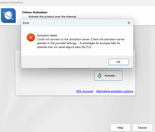 Trados Studio activation error message stating 'Activation failed. Could not connect to the activation server. Check the activation server address in the provider settings.' with an OK button.