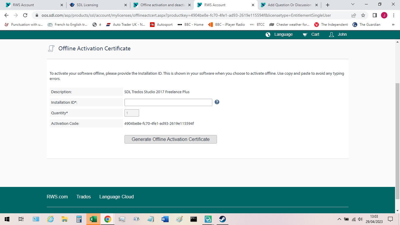 RWS Account webpage for Offline Activation Certificate with fields for Description, Installation ID, Quantity, and Activation Code for SDL Trados Studio 2017 Freelance Plus.
