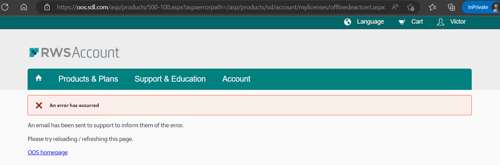 Error message on RWS Account page stating 'An error has occurred' with instructions to reload the page and a notification that an email has been sent to support.