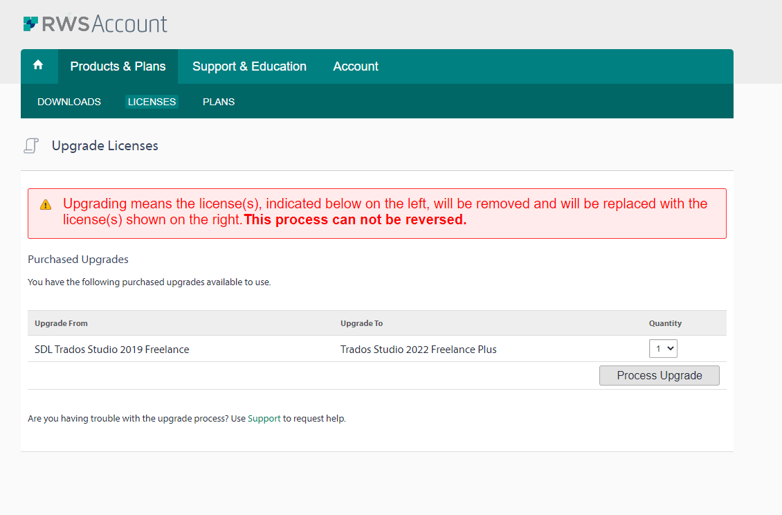 Screenshot of RWS Account Upgrade Licenses page with a warning message about the upgrade process being irreversible. It shows an upgrade from SDL Trados Studio 2019 Freelance to Trados Studio 2022 Freelance Plus.