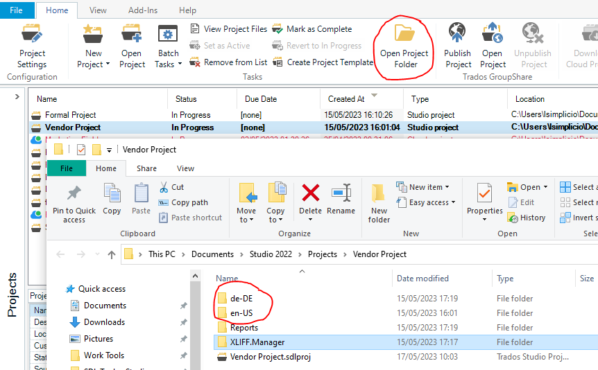 Trados Studio interface showing the 'Vendor Project' selected with 'Open Project Folder' button highlighted. Below, Windows Explorer shows project folders 'de-DE' and 'en-US' circled in red.