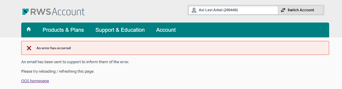 RWS Account page with an error message stating 'An error has occurred' and instructions to reload the page or visit the homepage.