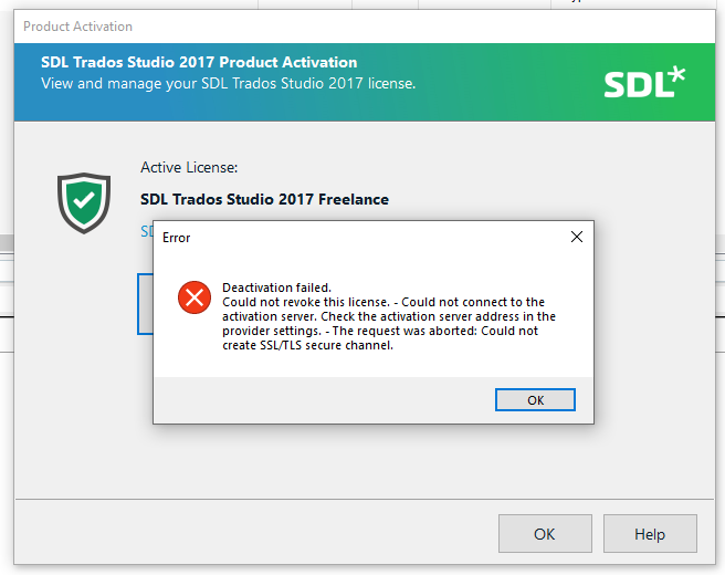 SDL Trados Studio 2017 Product Activation window showing an 'Error' message that deactivation failed due to inability to connect to the activation server.