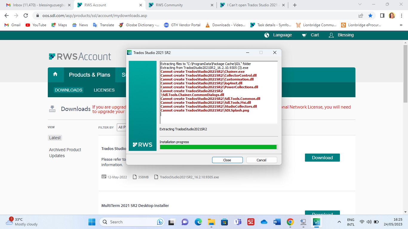 Screenshot of an error during Trados Studio 2021 SR2 installation. Multiple 'Cannot create' errors for files such as Customisation.dll, Log4net.dll, and others in the 'ProgramData Package Cache' directory.