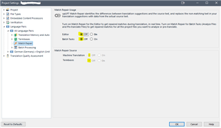 Trados Studio Project Settings window showing Match Repair options turned off to prevent crashes and speed up the software.