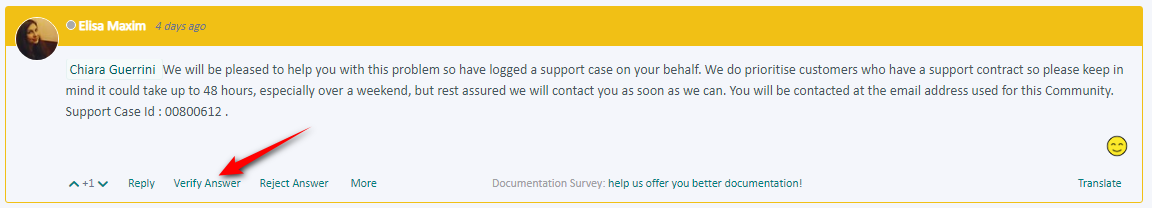 Screenshot of a Trados Studio forum post by Elisa Maxim with options to +1, Reply, Verify Answer, Reject Answer, and More. A red arrow points to the 'Verify Answer' button.