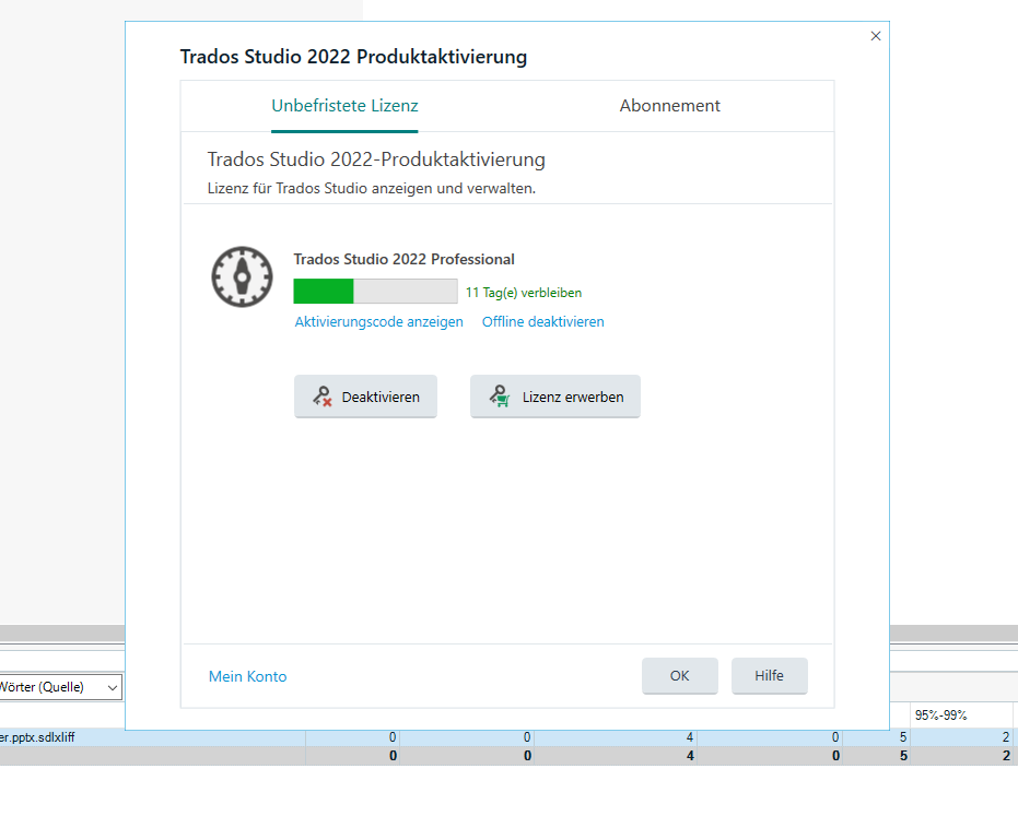 Trados Studio 2022 Product Activation window showing an unlimited license with options to show activation code, deactivate offline, deactivate, and purchase license. 11 days remaining indicated.