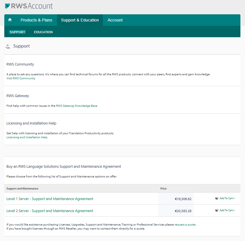 Screenshot of RWS Account Support page showing options for RWS Community, RWS Gateway, and Licensing and Installation Help. Below, options to buy Support and Maintenance Agreements with prices listed in euros.