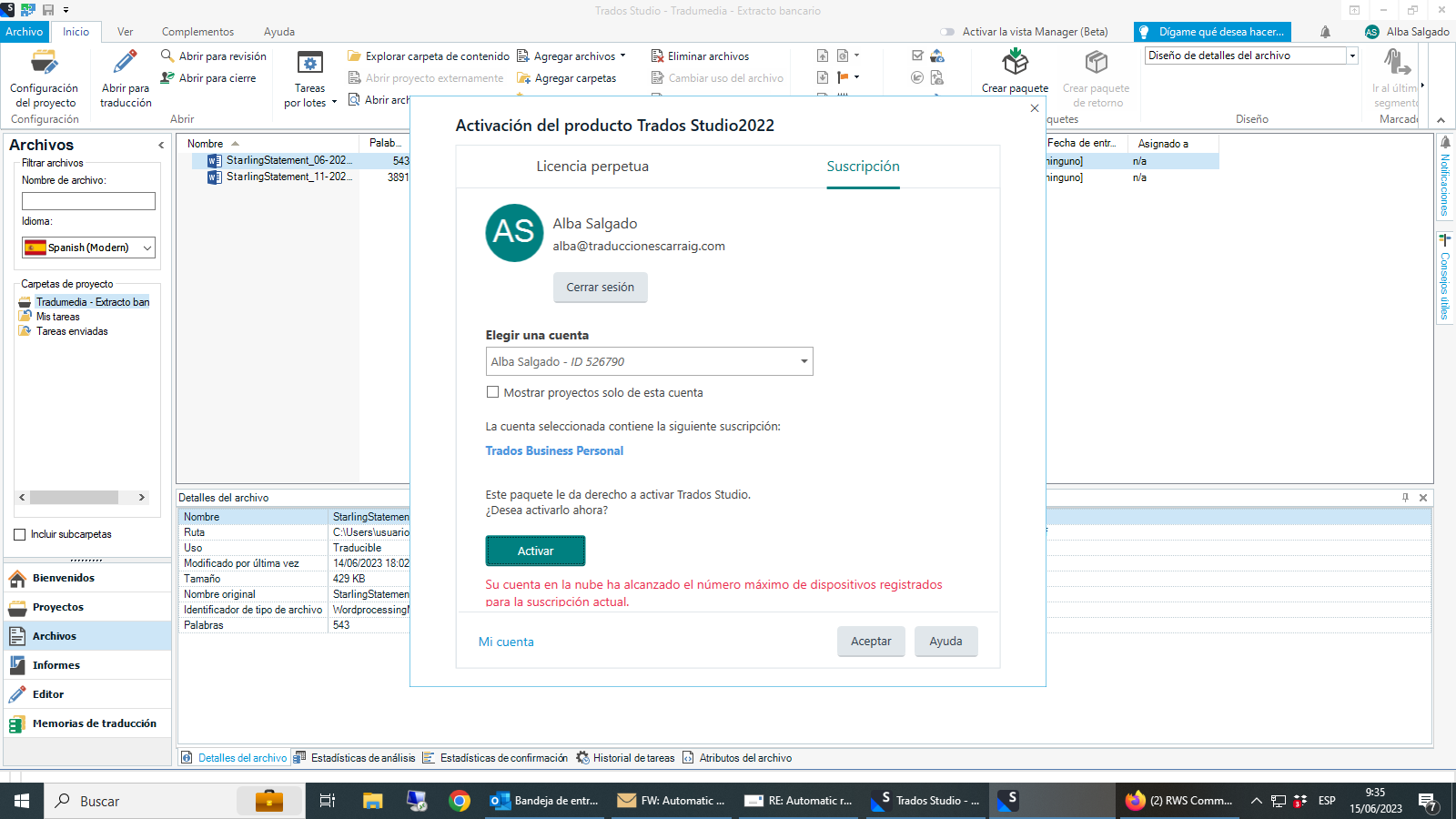Trados Studio activation screen showing user Alba Salgado's account with a message stating 'Your account in the cloud has reached the maximum number of devices registered for the current subscription.' and an 'Activate' button is visible.