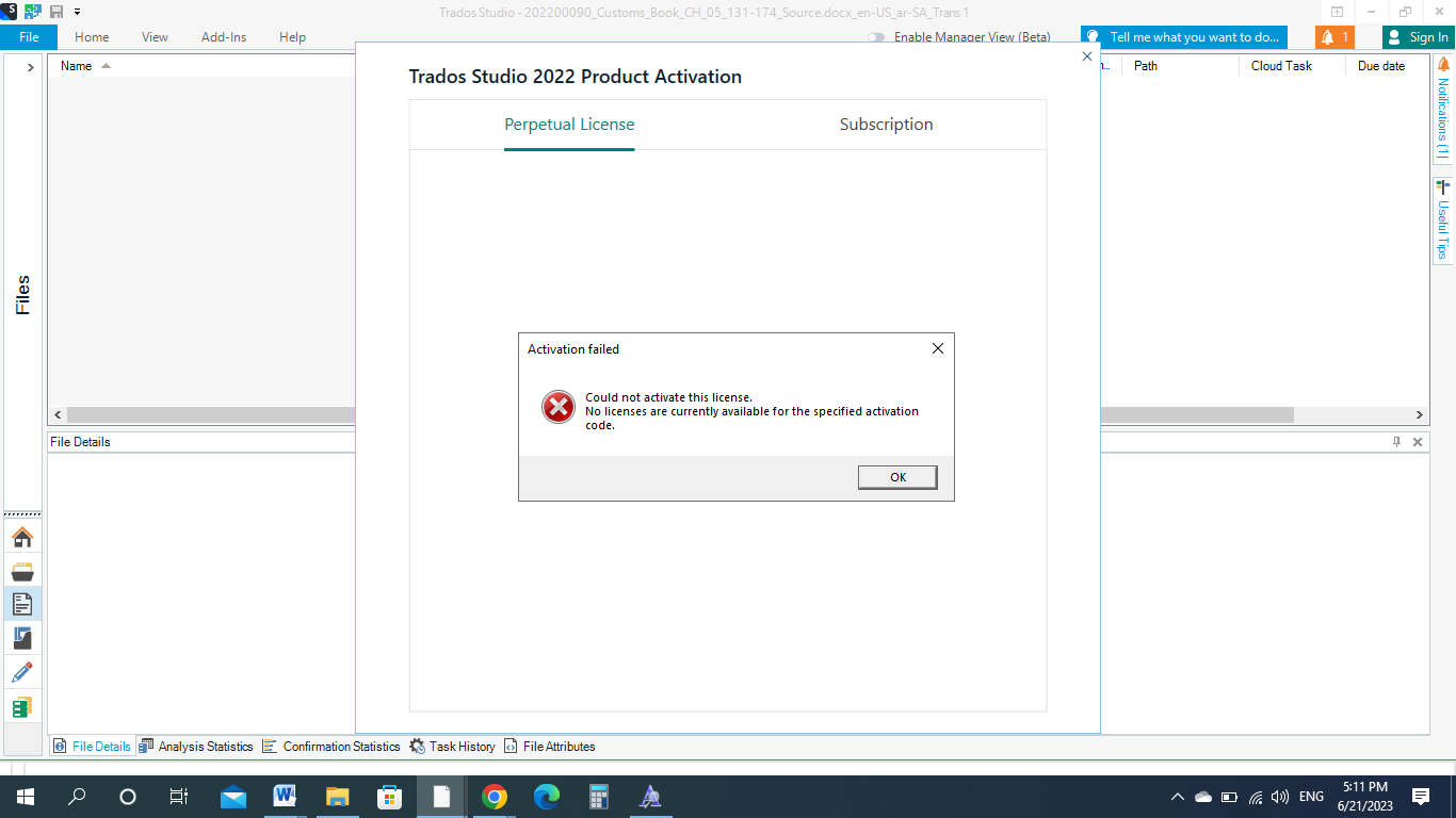 Trados Studio 2022 Product Activation window showing an error message 'Activation failed - Could not activate this license. No licenses are currently available for the specified activation code.' with an OK button.