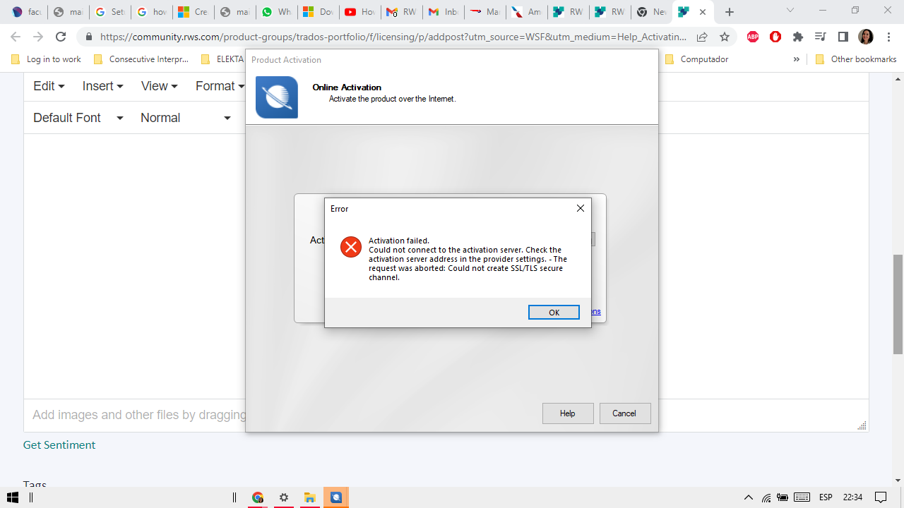 Error message during Trados Studio activation stating 'Activation failed. Could not connect to the activation server. Check the activation server address in the provider settings. - The request was aborted: Could not create SSLTLS secure channel.'