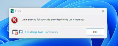 Error dialog box with a message in Portuguese indicating 'An exception was thrown by the target of a call.' with options for Knowledge Base and Community.