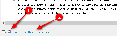Error message in Trados Studio with red error icons and links to Knowledge Base and Community for support.