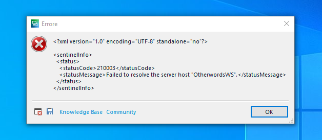 Error message window from Trados Studio displaying XML code with a status message 'Failed to resolve the server host 'OtherwordsWS' and a status code '210003'.
