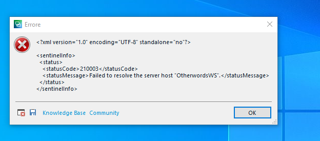 Error message window on a computer screen showing XML code with a status message 'Failed to resolve the server host OtherwordsWS'.