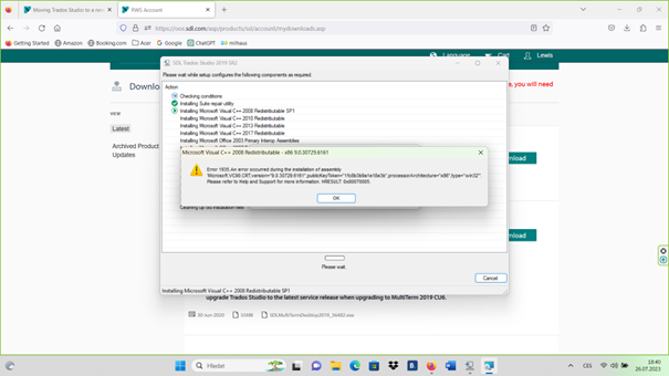 Error message during Trados Studio installation stating 'Error 1935.An error occurred during the installation of assembly 'microsoft.VC90.ATL,type='win32',version='9.0.30729.4148',publicKeyToken='1fc8b3b9a1e18e3b',processorArchitecture='x86'. Please refer to Help and Support for more information. HRESULT: 0x800736FD'.