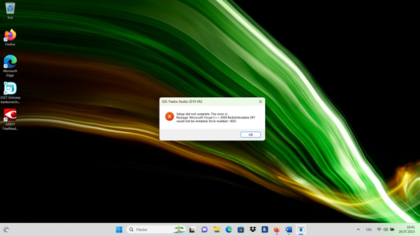 Error message on desktop background stating 'Setup did not complete. The error is: Microsoft Visual C++ 2008 Redistributable SP1 could not be installed on your machine.'