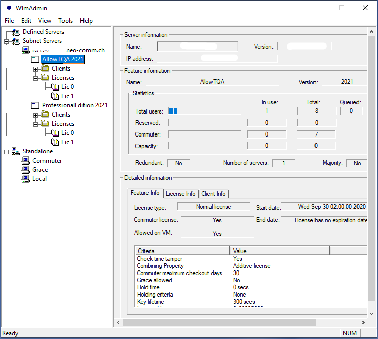 Screenshot of WlmAdmin showing 'AllowTQA 2021' and 'ProfessionalEdition 2021' licenses with details such as total users, in use, and capacity.