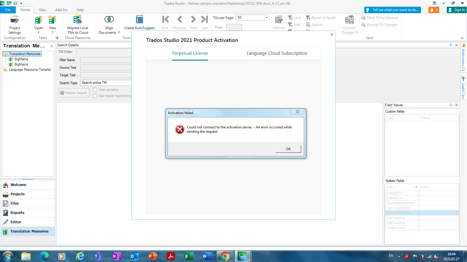 Screenshot of Trados Studio 2021 Product Activation window showing an error message 'Activation failed. Could not connect to the activation server. - An error occurred while sending the request.' with an OK button.
