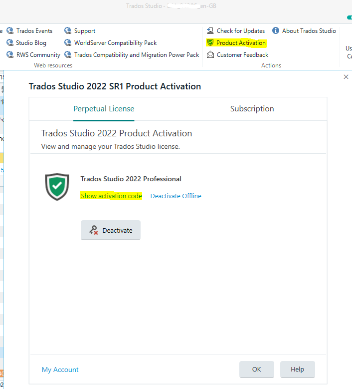 Trados Studio 2022 SR1 Product Activation window showing options for Perpetual License and Subscription. A green checkmark indicates Trados Studio 2022 Professional is activated with an option to 'Show activation code'.