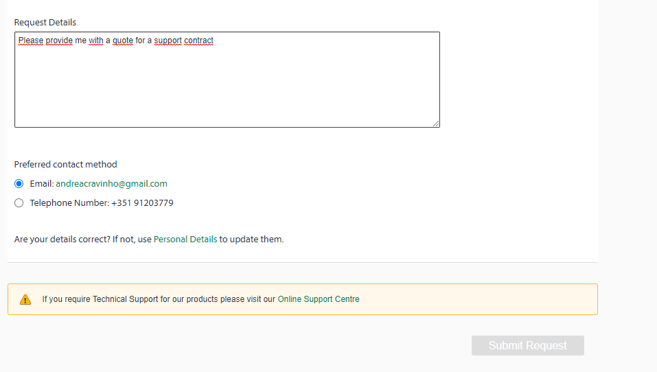 Screenshot of Trados Studio support request form with a typed request for a quote for a support contract. Email selected as preferred contact method.